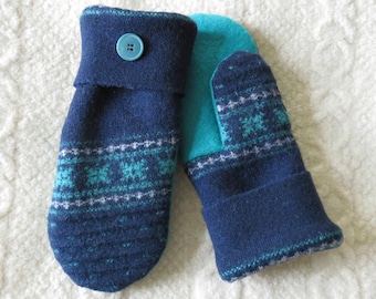 Navy Blue and Teal Nordic Pattern Mittens, Sweater Wool Mittens, Eco-Friendly Lined Felted Wool Mittens