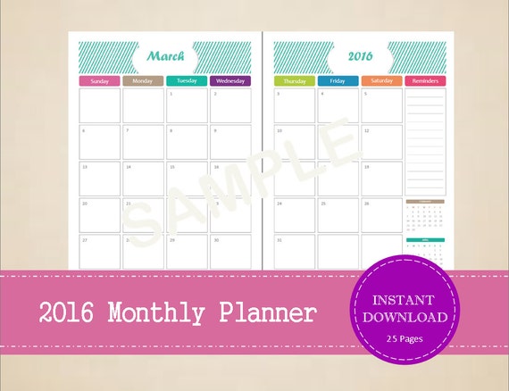 items similar to printable 2016 half page monthly planner editable