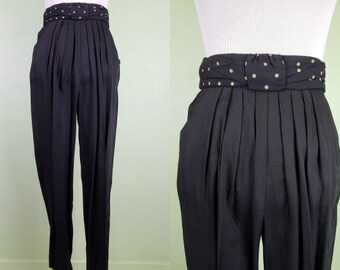 1980s Black High Waist Slacks - Black Pants - Medium