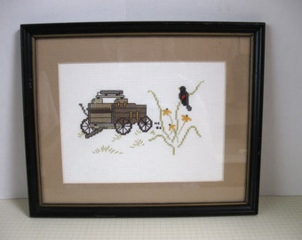 Vintage Framed Buckboard Cross Stitch
