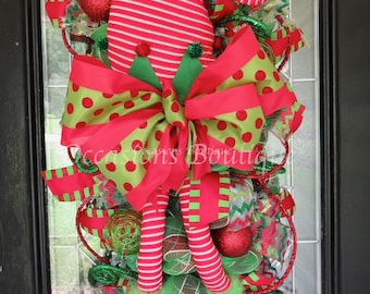 Christmas Wreath, Christmas Swag, Holiday Wreath, Elf Wreath, Door Hanger, Deco Mesh Wreath, Whimsical Wreath, Front door Wreath