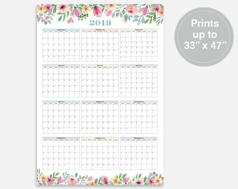 2019, Large Calendar, 2019 Calendar, At a Glance Calendar, Monthly at a Glance, 2019 Year Calendar, Wall Planner 2019, 2019 Digital Calendar
