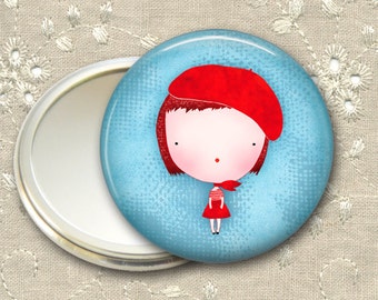 cute girl pocket mirror, red haired girl art hand mirror, mirror for purse, bridesmaid gift, stocking stuffer MIR-108