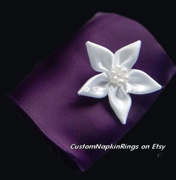 Formal DEEP PURPLE Satin Napkin Rings w/White Satin Floral