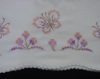 Vintage Pillowcase Pair, White Cotton with Embroidered Butterflies and Flowers, Crochet Edge