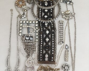 Clear Rhinestone Broken Jewelry Lot Vintage Repair Craft Repurpose DIY Weddding Bouquet