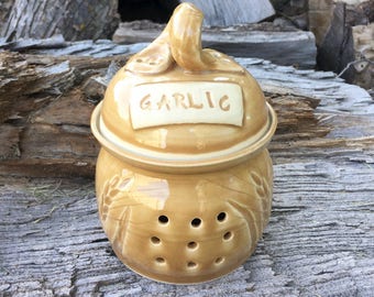 Golden Wheat Garlic Jar Handmade Pottery by Daisy Friesen