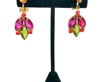 Rhinestone Dangle Clip-on Earrings, Special Occasion, Multi Colored Stones, Fuchsia Olivine Hyacinth & Topaz, Gold Tone Metal, Gift for Her