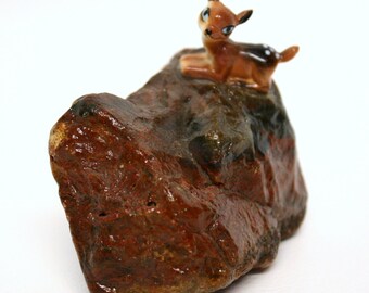 Vintage Miniature Deer Figurine on Petrified Wood Rock