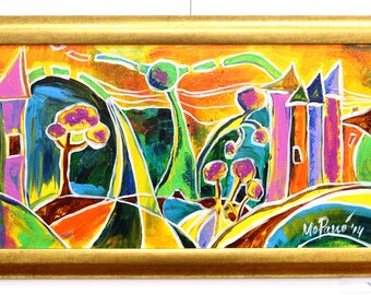 Original abstract painting of colorful explosion,landscape