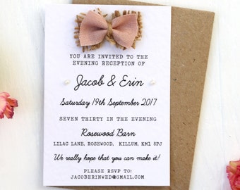 Rustic Fabric Bow and Burlap, Hessian and Pearl Small Evening Guest Invitaiton