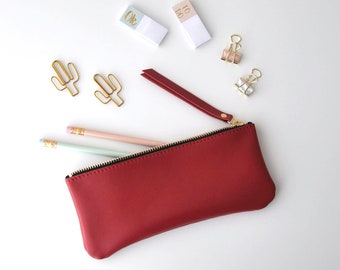 Leather pencil case, zipper case, real leather pouch, back to school, real leather pencil case, red pencil case, red leather case