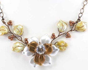 Brown Green Flower Necklace, Green White Brown Beaded Necklace, Green Brown Bib Necklace, Leaf Necklace, Bridal Jewelry, Nature Jewelry