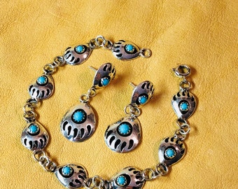 Bear Paw Shadow Box Sterling & Turquoise Bracelet and Earrings