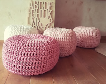 Pale pink, white, dusty rose Hand Crochet Kids Ottoman Pouf- Kids Furniture, Bean Bag Chairs, Nursery Decor, Footstool