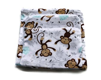 Reusable Sandwich Snack Bags set of 3 Zipper Monkeys White Brown