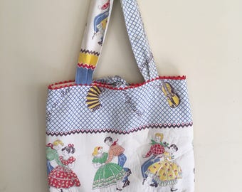 Feedsack 1940s tote bag retro square dance, country western fabric, women's tote bag, repurposed feedsack, gift for her, vintage feedsack