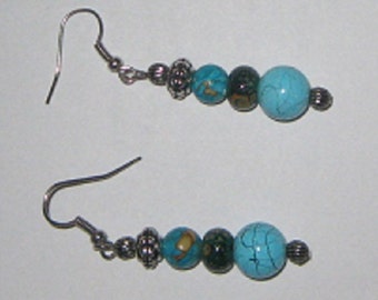 Turquoise, Green, Aqua Silvertone Earrings