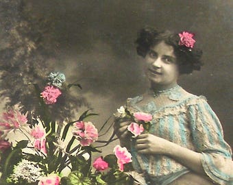 Antique French postcard, Lady with flowers, RPPC real photo postcard, paper ephemera.