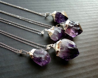 Amethyst Necklace Amethyst Pendant Silver Dipped Crystal Rough Amethyst Raw Mineral Jewelry Purple Crystal Necklace Amethyst Jewelry