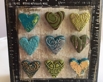 mixed media art with blue and green hearts- polymer clay heart art block