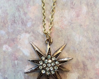 Star Necklace - Star Necklace Gold - Star Jewelry - Star Pendant - Antique Gold Necklace - Antique Gold Jewelry - Rhinestone Necklace - Gift