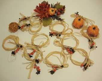 Artificial Autumn Berries with Raffia. Fall Floral Ornament. Set of 20 Pieces.