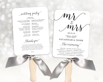 Wedding Fans, Printable Wedding Fan Program Template, Fan Wedding Program, Editable text, Modern Calligraphy, Mr Mrs VW10