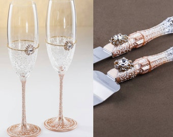 Rose Gold Wedding Glasses Cake Server Set Vintage Glasses Rose Gold Flutes Champagne Glasses Gold Toasting Flutes Wedding Cake Cutting Set