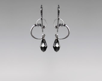 Industrial Earrings with Black Swarovski Crystals, Stainless Steel Earrings, Black Crystal, Wire Wrapped Jewelry, Bridal, Phobos II v7