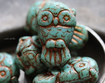 TURQUOISE OWLS No. 2 .. 6 Premium Picasso Czech Glass Owl Beads 11x18mm (5187-6)