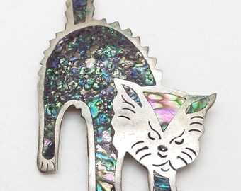 Vintage -Abalone Kitten-Sterling-Silver-925-Brooch-8g-7-2x5cm-