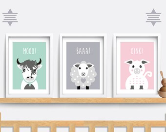 Nursery wall art. Set of 3 farm animal prints. Baby Nursery print. Nursery decor. Highland cow print. Pig print. Sheep print. Animal prints