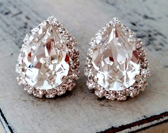 Clear white Swarovski crystal stud earrings, Bridal earrings, Bridesmaids gifts, teardrop studs, Silver earrings, Vintage earrings, Estate