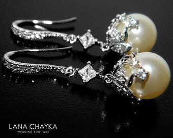 Ivory Pearl Bridal Earrings Swarovski 10mm Pearl Chandelier Wedding Earrings Pearl Drop CZ Dangle Earrings Bridesmaid Jewelry Prom Earring