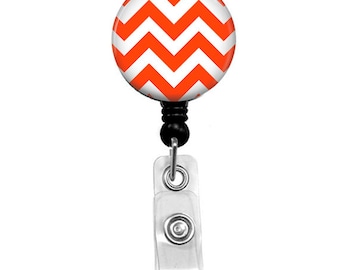 Orange and White Chevron Retractable Badge Holder - Alligator Swivel Clip or Belt Clip Badge Reel