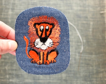 orange lion patch . 1970s vintage patch . embroidered denim iron on patch, anthropomorphic animal patch