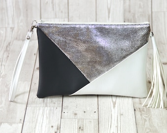 Silver clutch bag, Black clutch leather Wedding clutch, Vegan leather clutch purse Holographic clutch Tassel clutch white bridesmaid gift