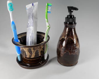 Ceramic toothbrush holder soap dispenser bathroom accessory set, pottery soap pump, stoneware lotion pump, toothbrush holder