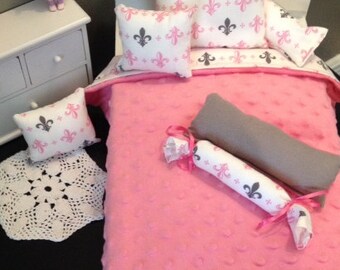 Pink and Gray Fleur de Lis American Girl or 18" Doll Bedding Set