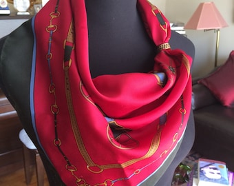 Vintage Designer Pier Olivier Equestrian Carriage Print Red and Black Scarf Hand Rolled Edge FREE SHIPPING EVERYWHERE
