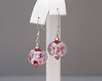 Pink Drop Earrings with Swarovski Crystals - Lampwork Glass Earrings - Gifts for Gardeners