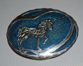 Vintage Silver Tone and Blue Guilloche Enamel Unicorn Belt Buckle