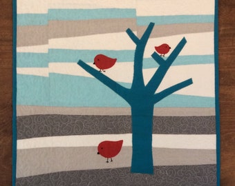Red birds in tree quilt , Quilted Art, quilted wall hanging, home decor, fabric art