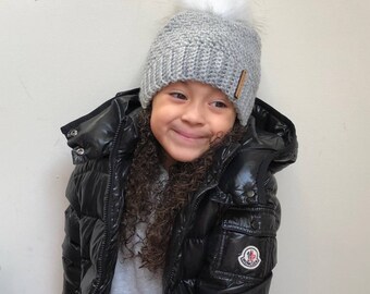 The Crochet Bella Beanie with Arctic Fox White Faux Fur Pom Pom | Heather Grey