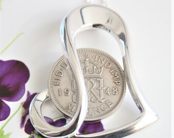 70th birthday gifts for women. Sixpence necklace. Birthday necklace. 1948 Birth year necklace. Offset heart. Birth year gift for a woman