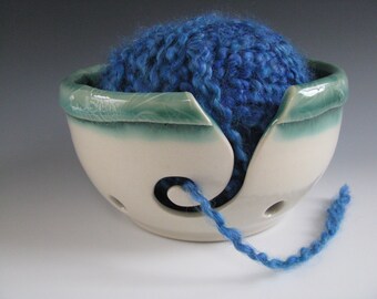Ceramic Yarn Bowl, Pottery Knitting Bowl, Celadon Green and White, Leafy Rim