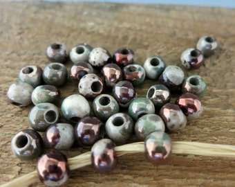 6 Mykonos Harlequin Raku Pearls, 6-7mm, 3mm Hole, Ceramic Bead with Copper Oxide finish, Made in Greece, RB7262