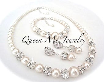 Pearl jewelry set Swarovski pearl set 3 piece set pearl set Pearl Bracelet Earrings Necklace Bridal jewelry set ~TOP SELLER ~ DESTINY