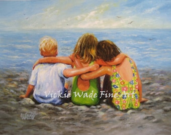 Three Beach Children Hugging Art Print, two brunette sisters, two girls one boy, little brother, three beach kids art, Vickie Wade Art